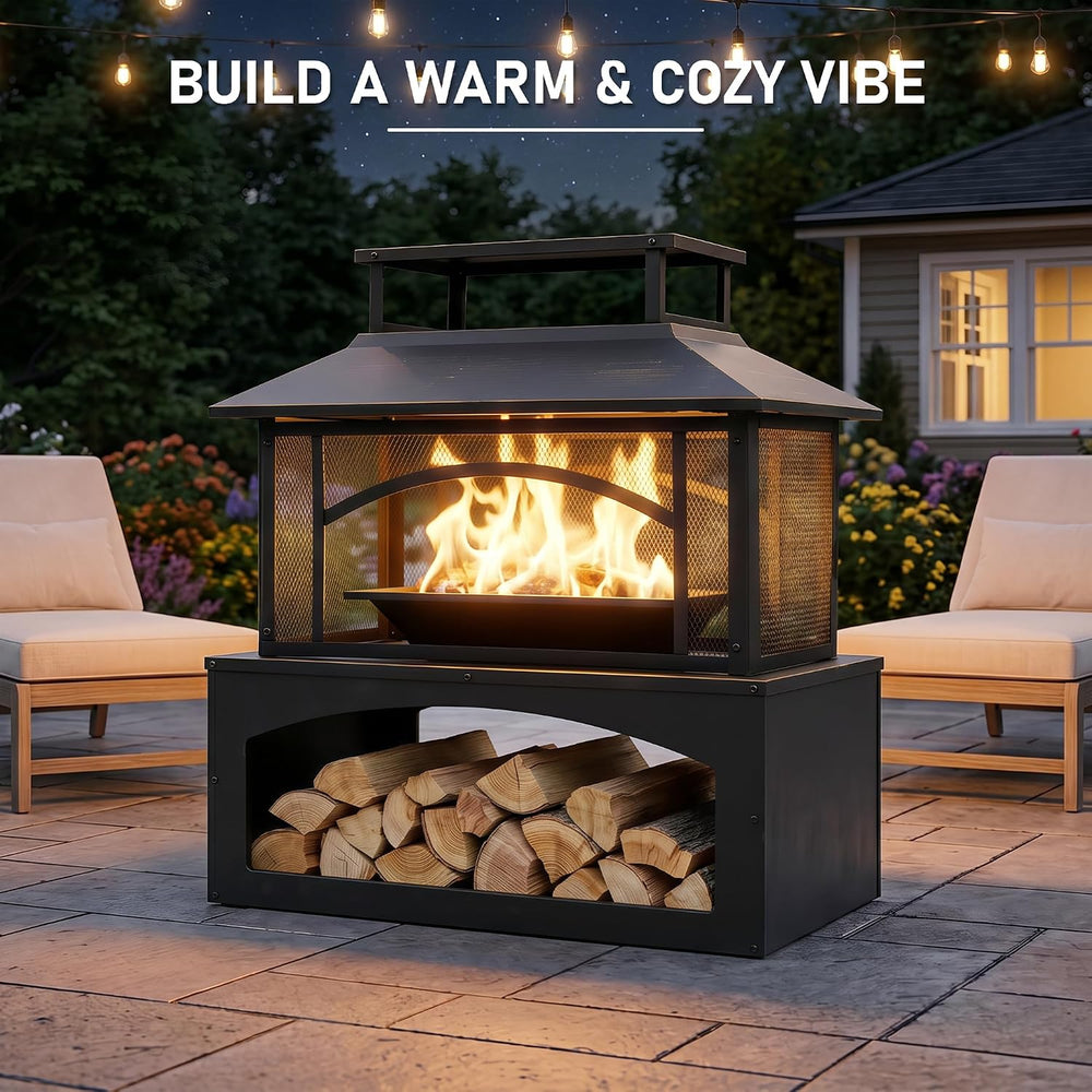 Aoxun 36" Outdoor Fire Pit with Wood Storage, Steel Wood Burning Firepla...