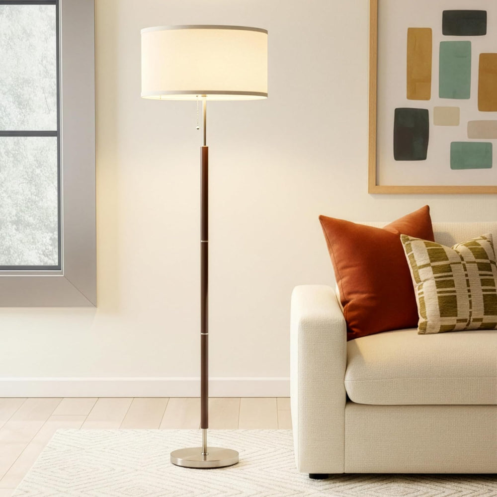Brightech Carter LED Floor Lamp, Drum Shade with Walnut Wood Finish, Great Li...