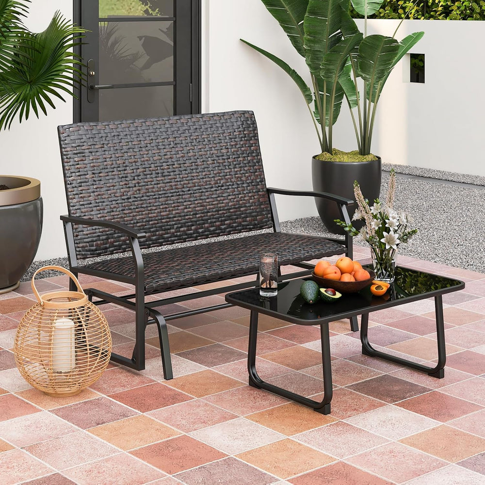Tangkula Outdoor Rattan Glider Bench, 2-Person All Weather Resistant Glider L...
