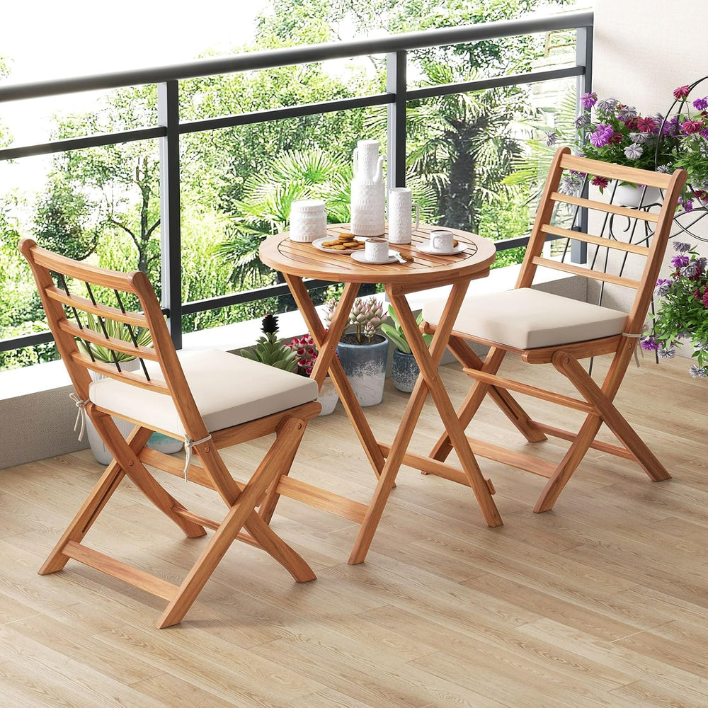 HAPPYGRILL 3 Pieces Acacia Wood Patio Bistro Set, Folding Outdoor Table and C...
