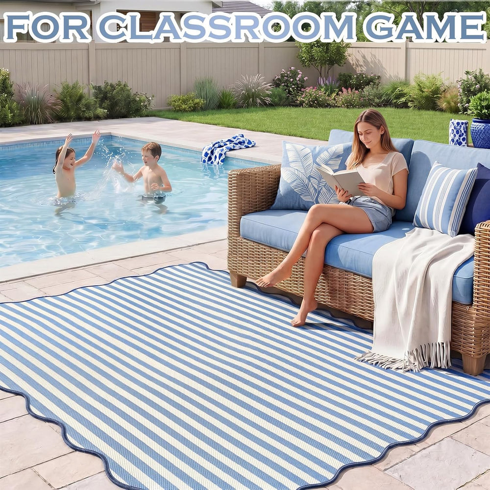 Blue Scalloped Outdoor Plastic Straw Rugs 5x8 ft Reversible Camping Rug Water...