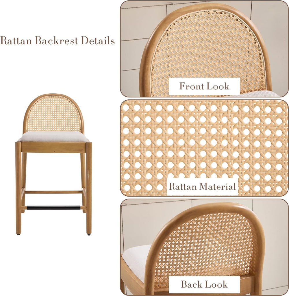 HEAH-YO Rattan Bar Stools Set of 4, 26 Inch Counter Height Bar Stools with Ba...