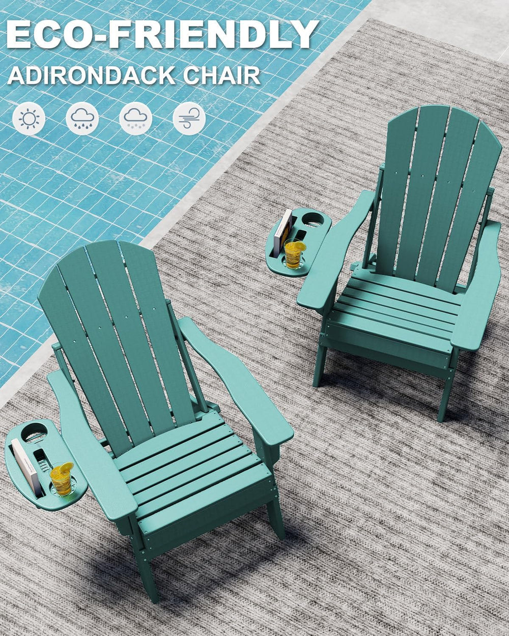 NAVINE Adjustable Adirondack Chairs Set of 4 with Cup Holders, Lake Blue