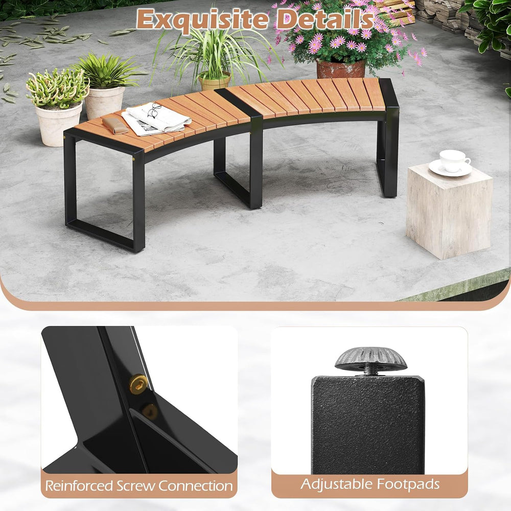 Tangkula Patio Curved Bench, Acacia Wood Fire Pit Bench w/Slatted Seat & ...