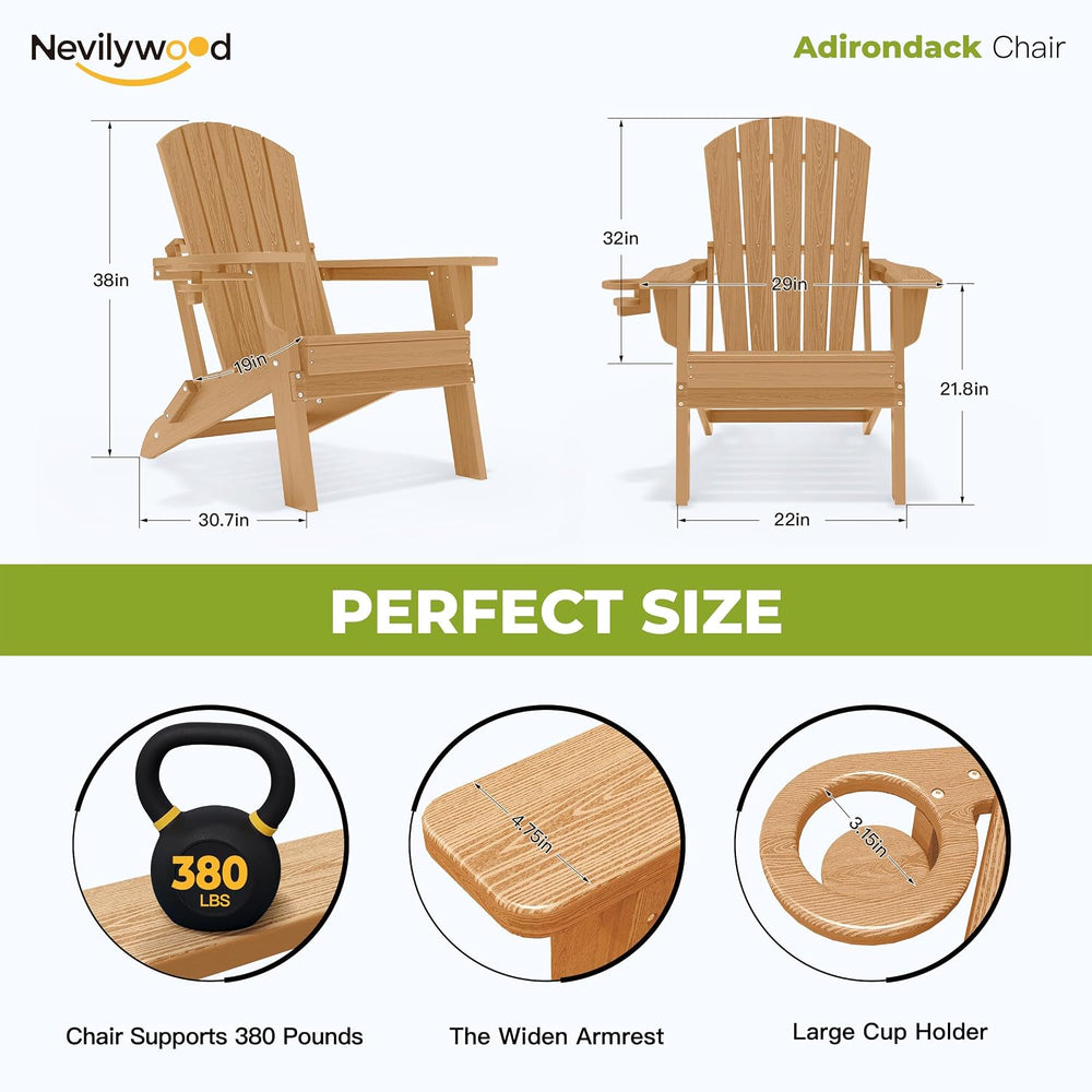 nevilywood Folding Adirondack Chair, HDPE Ergonomic Cup Holder, Teak