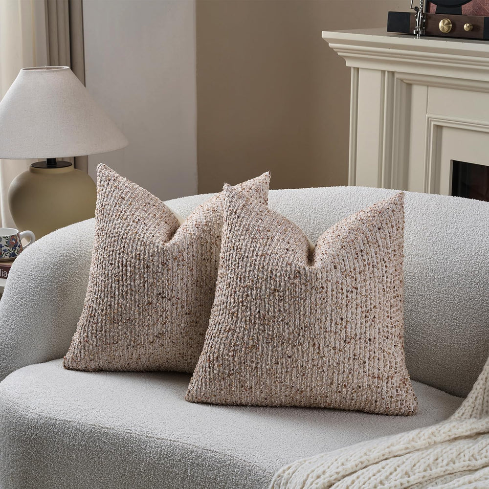 DEZENE Striped Throw Pillow Covers 24x24 Set of 2 Beige Textured Boucle Chic ...