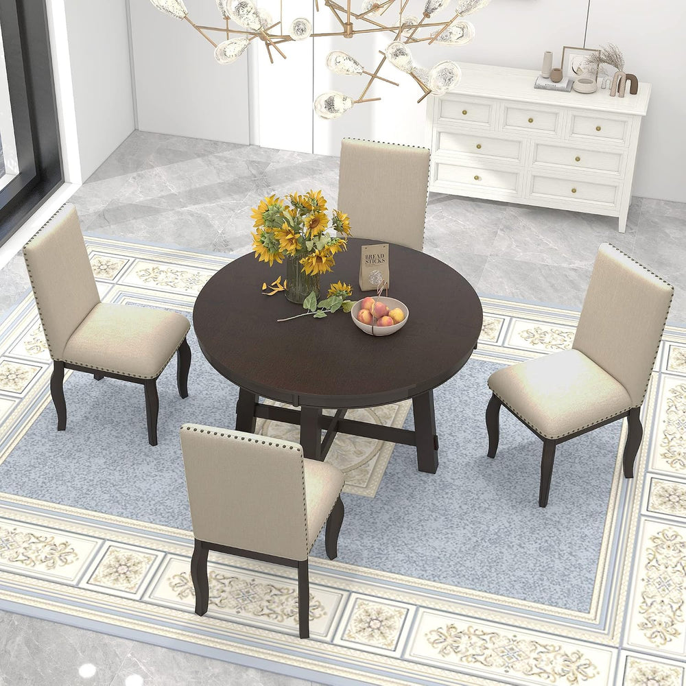 Merax Farmhouse Dining Table Set - Wood Round Extendable Dining Table and 4 U...