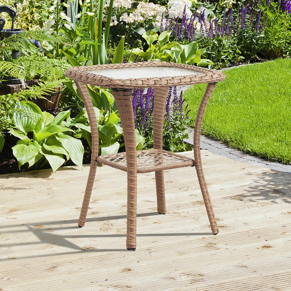 Patio Wicker Side Table, Outdoor PE Rattan End Table with 5mm Tempered Glass ...