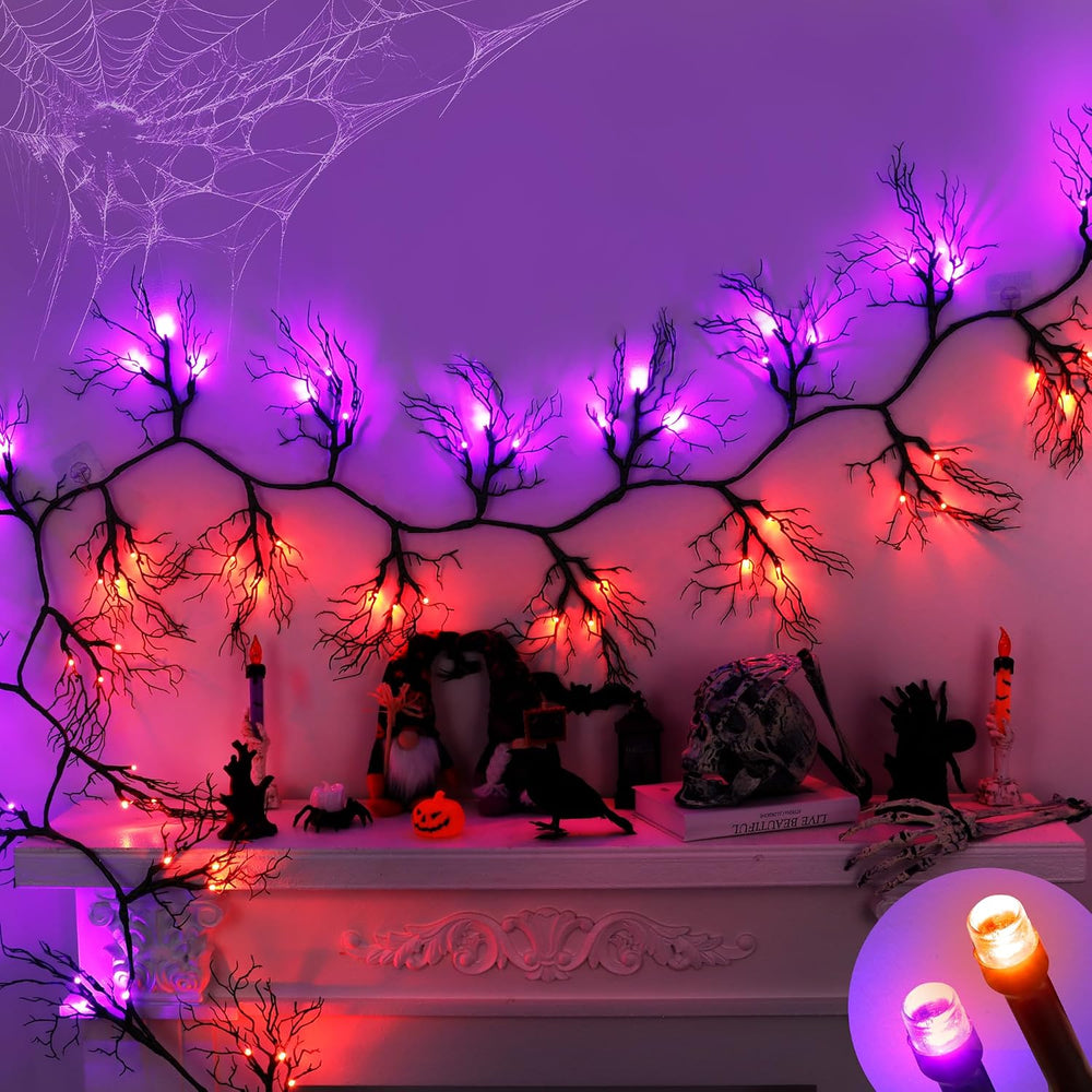 9 FT 66 LED Willow Vine Twig Decor Black Halloween Garland with Orange Purple...