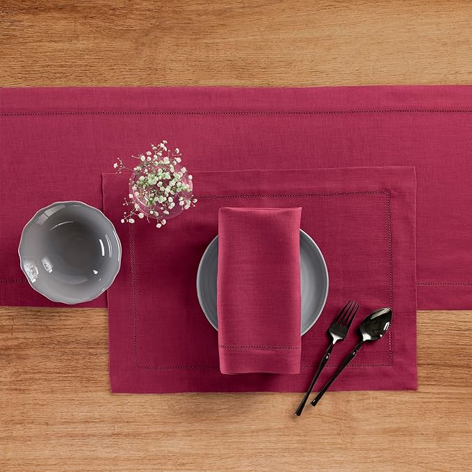 Solino Home Linen Beet Table Runner 72 Inches Long - 100% Pure Linen Hemstitc...