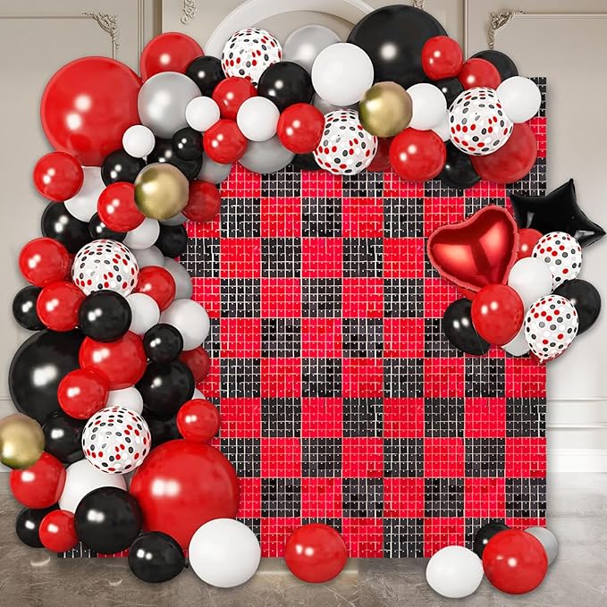 12PCS Black Red Shimmer Wall Backdrop, Square Sequin Photo Backdrops Panel, G...