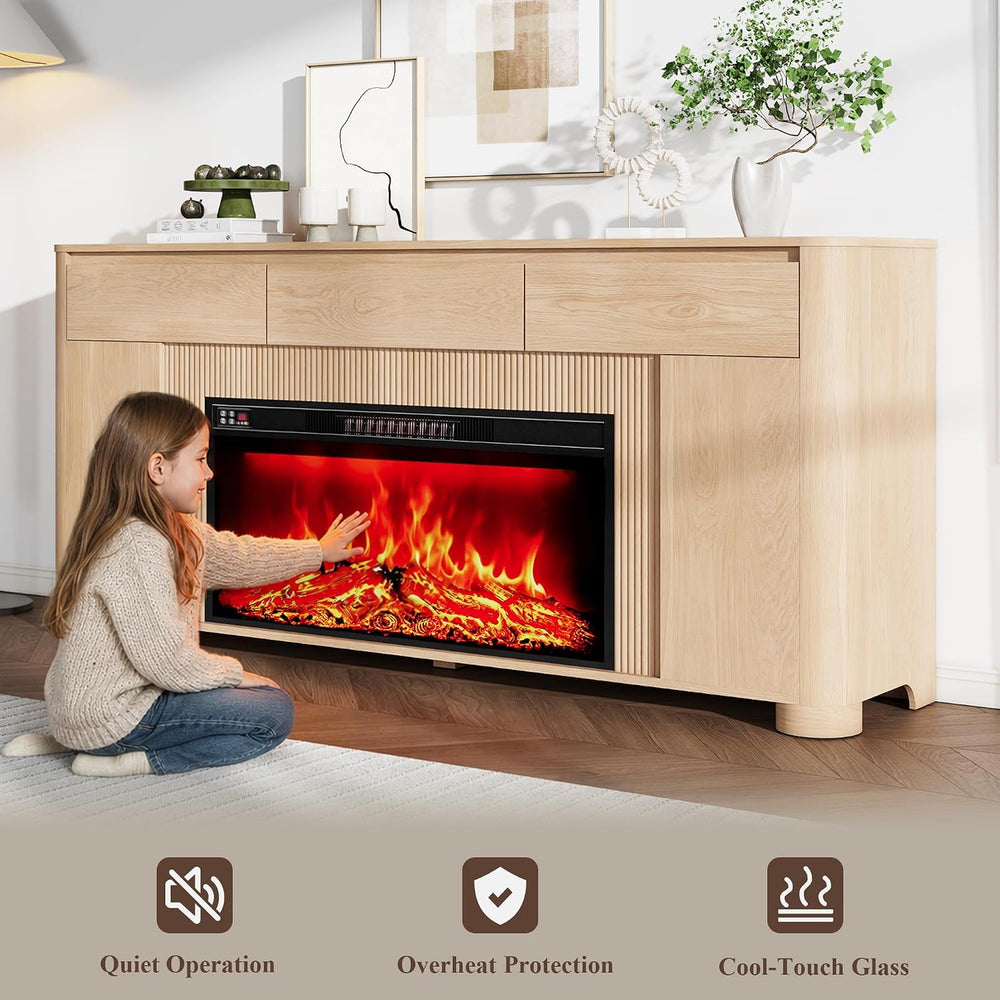 YANSNWO 70" Fireplace TV Stand for TVs Up to 80", Natural Oak