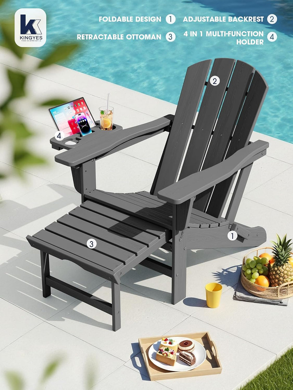 KINGYES Folding Adjustable Adirondack Chair with Ottoman & 2 Cup Holders ...
