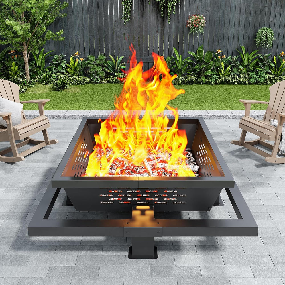 36 inch fire Pit, Square Outdoor Fire Pit with Poker, Wood Burning Fire Pit f...