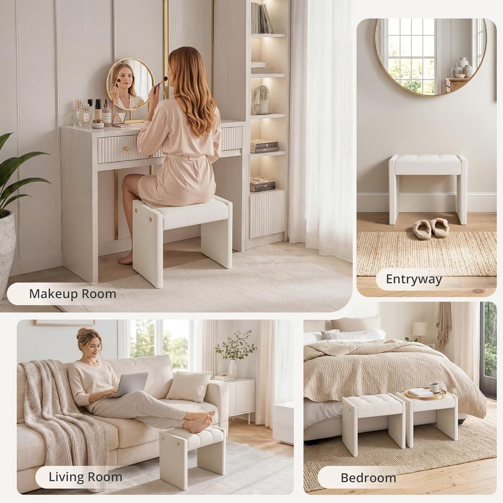 LUE BONA Modern Grid Tufted Vanity Bench Stool, 4.33'' Thick Chenille...