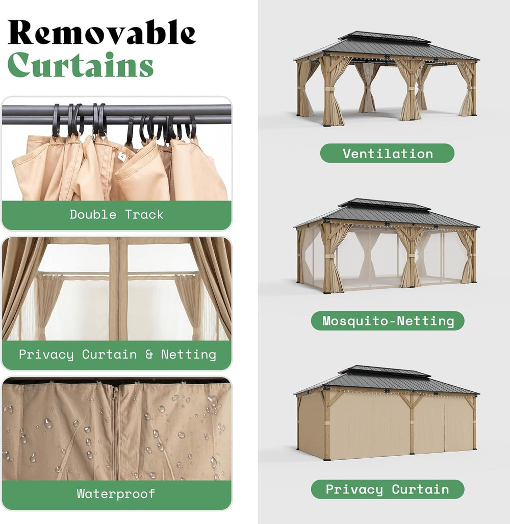 AMERLIFE 12x20FT Hardtop Gazebo with Double Roof, Privacy Curtain & Netting