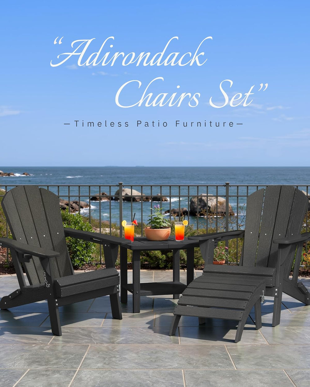 AreShark HDPE Folding Adirondack Chair with Cup Holder, Set of 2, Gray