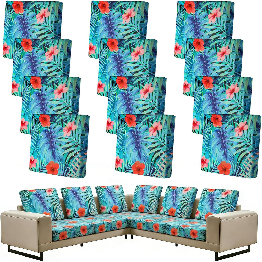 12PCS Summer Tropical Leaves Patio Cushion Covers Palm Leaves Stretch Outdoor...