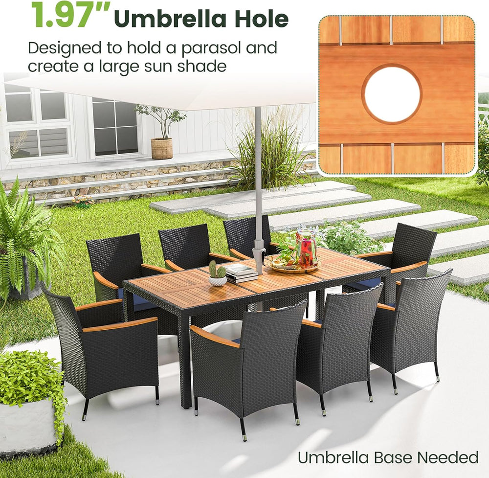 COSTWAY 9-Piece Patio Rattan Wicker Dining Set for 8 with Umbrella Hole
