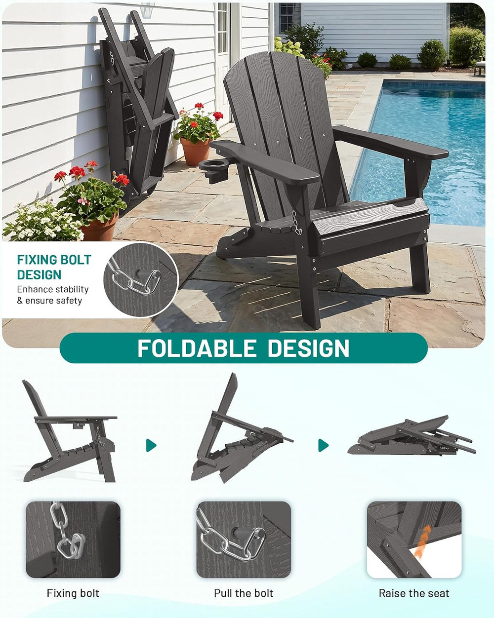 PLUUV Folding Adirondack Chair, HDPE Fire Pit Chairs with Cup Holder, Grey