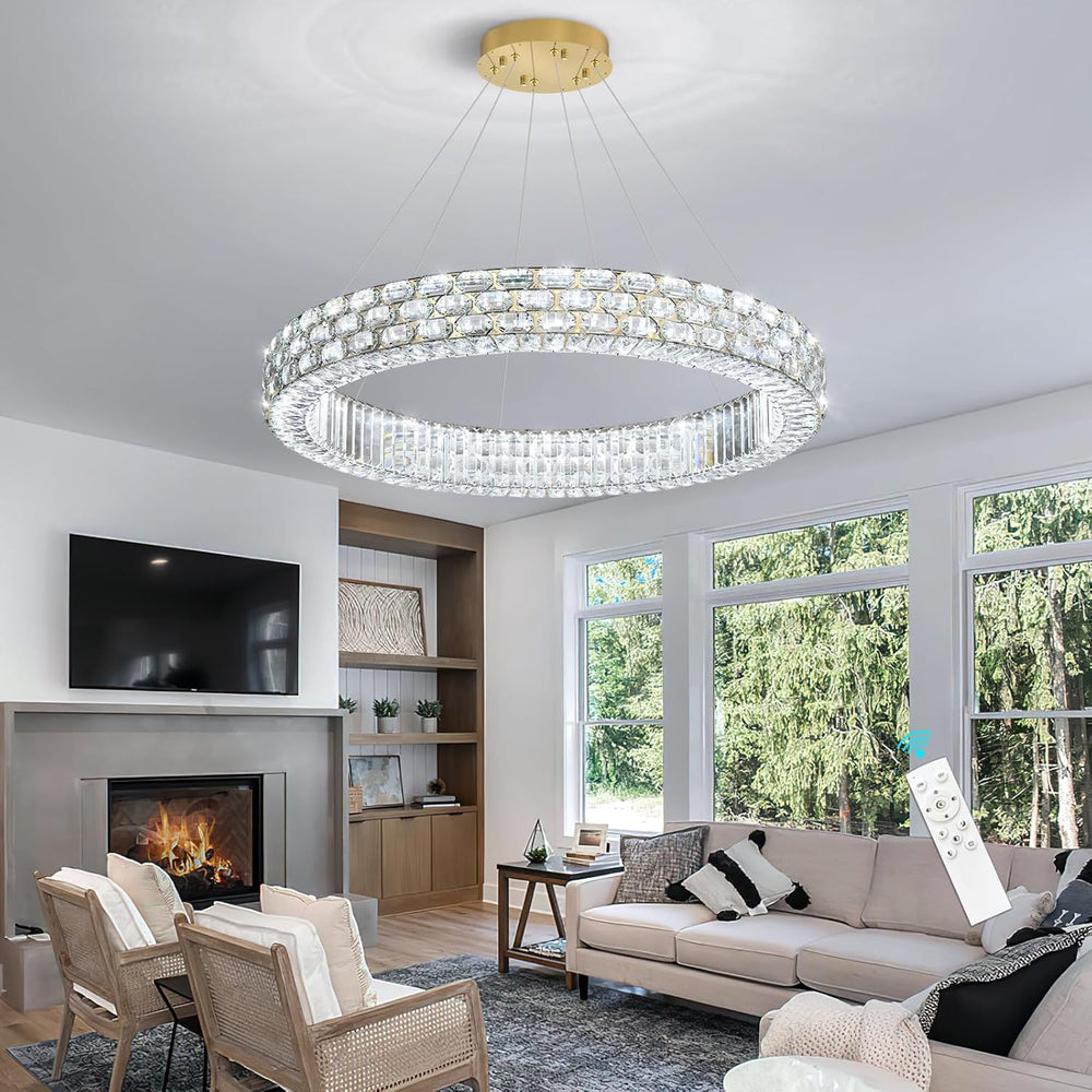 Modern Crystal Chandelier for Living Room Dimmable LED Pendant Light Round Ha...