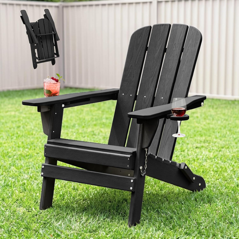 Folding Adirondack Chair with Cup & Wine Holder, HDPE Plastic Patio Chairs