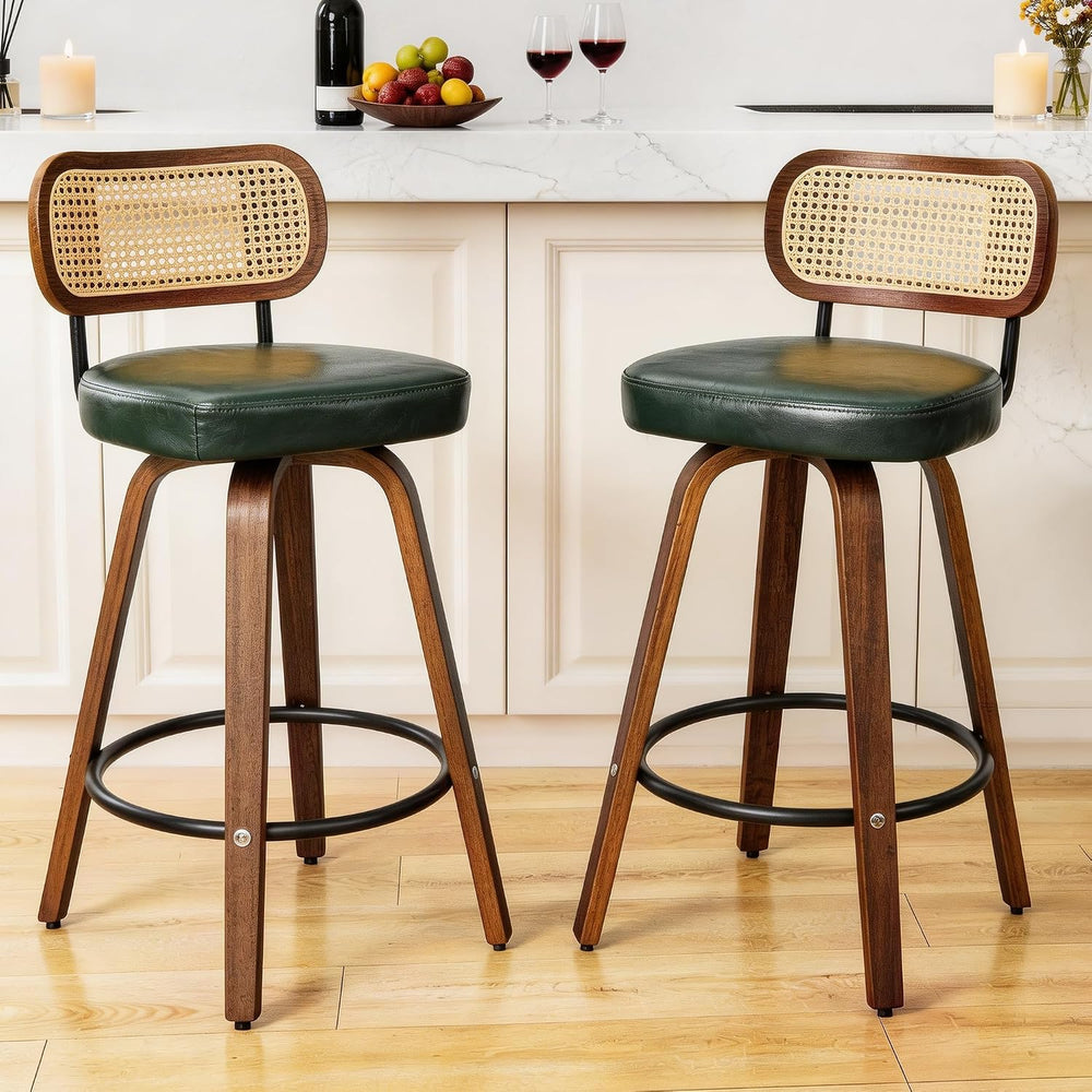 KEEZY Natural Rattan Bar Stools Set of 2, 26 Inch Counter Height Barstools wi...