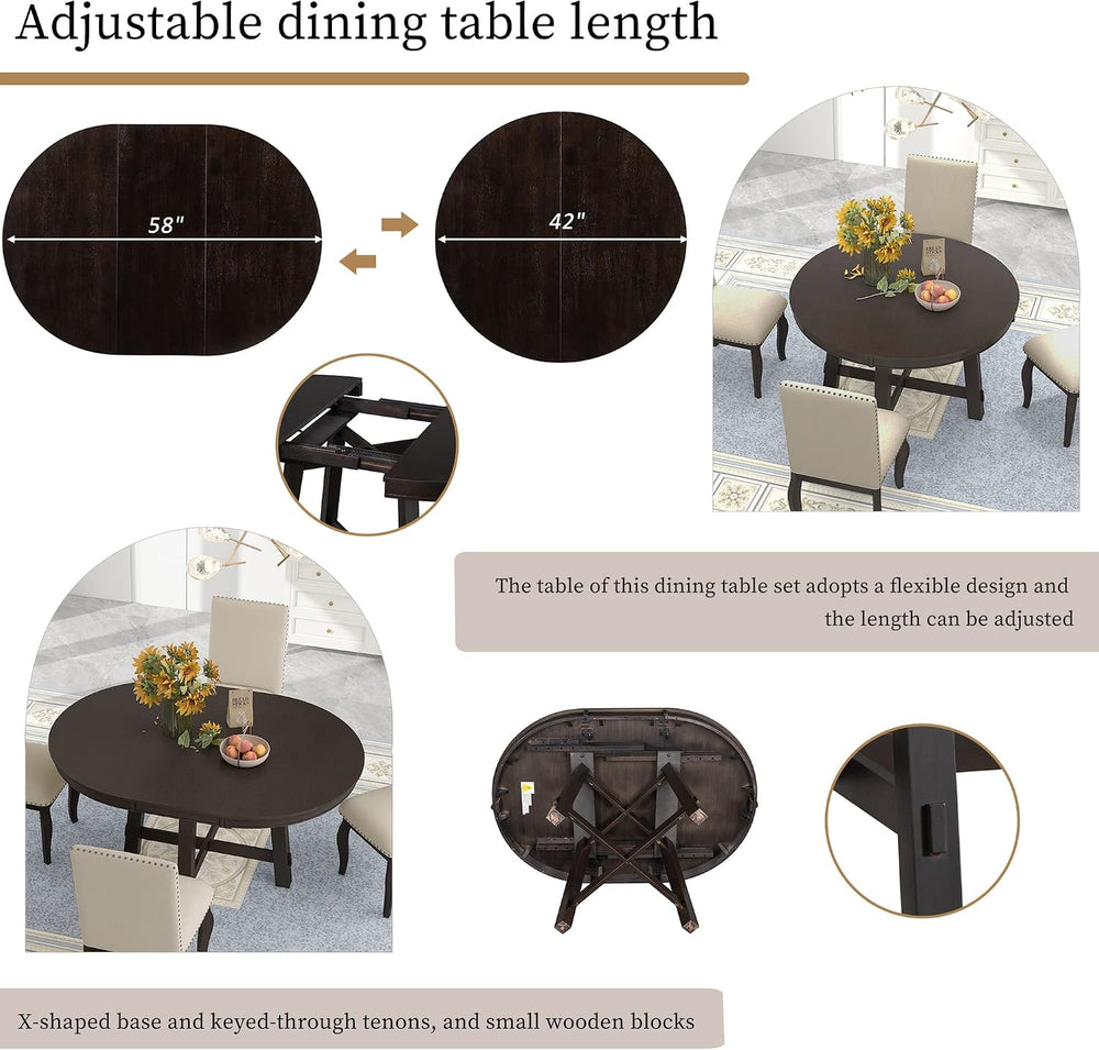 Merax Farmhouse Dining Table Set - Wood Round Extendable Dining Table and 4 U...