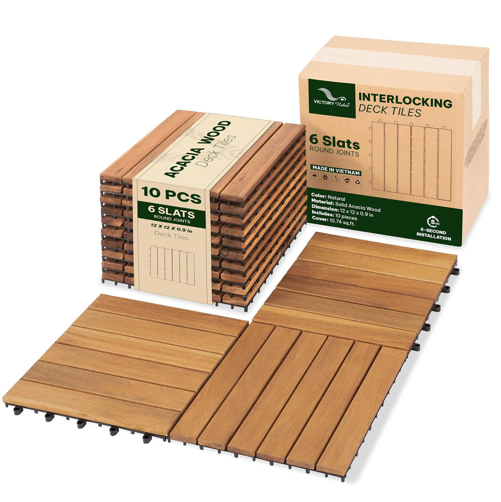 Acacia Interlocking Deck Tiles, 10 PCS Wood Flooring, 6 Slats, Honey Oak