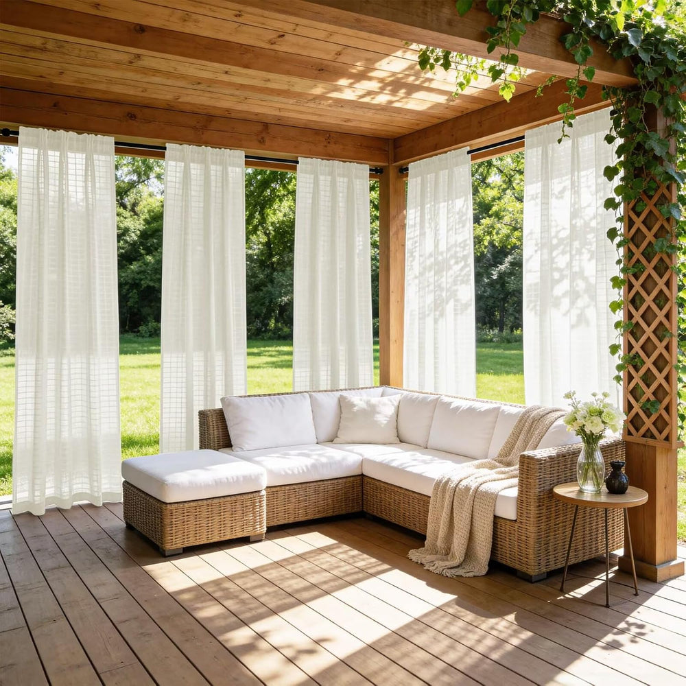4 Panels Outdoor Sheer Curtains for Patio, Jacquard Check Curtains for Patio ...