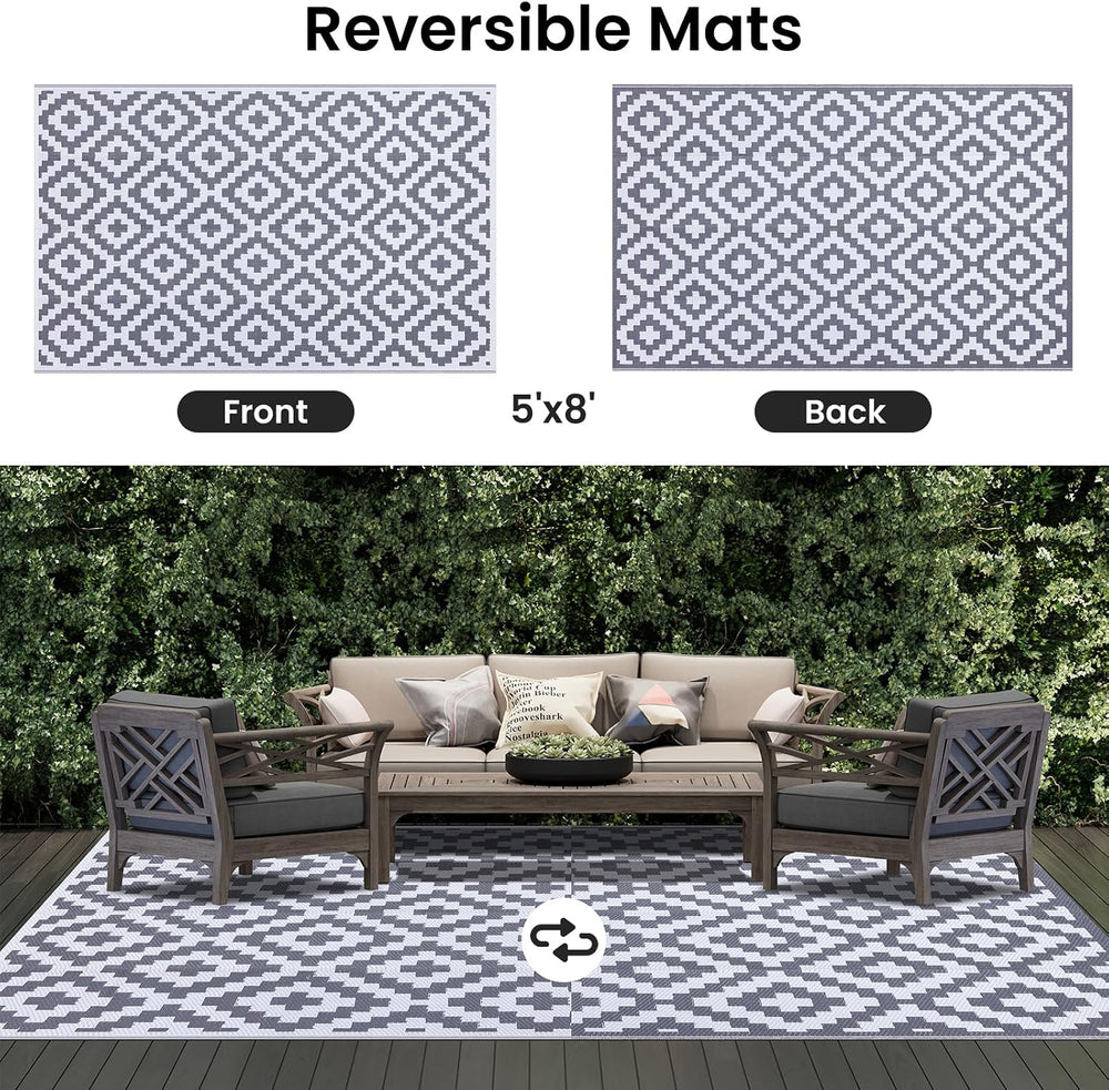 Smiry Outdoor Rug 5x8 ft Waterproof Reversible Boho Mat, White & Grey