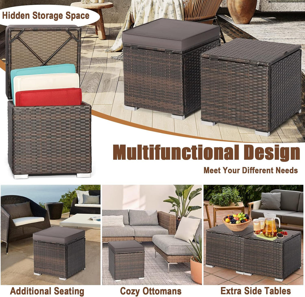 RELAX4LIFE Wicker Outdoor Storage Ottoman, 2-Piece Rattan Footstool w/Removab...