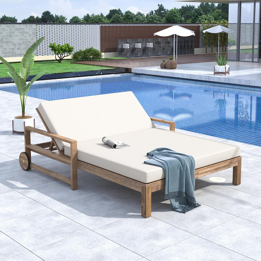 Farmhouse-Style Acacia Wood Outdoor Daybed for 2,Weather-Resistant Patio Loun...