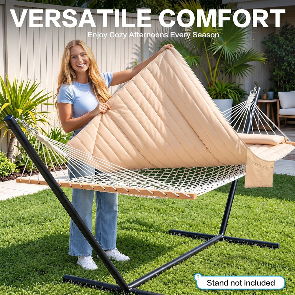 GAFETE 12FT 2 Person Handwoven Rope Hammock for Outside with Removable Pad