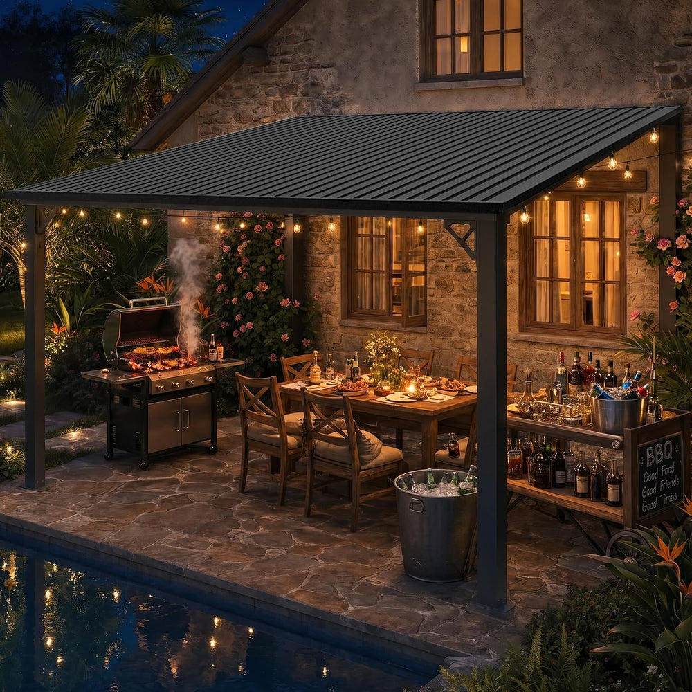 12x10 FT Lean to Gazebo, Sloping Galvanized Steel Roof Hardtop Gazebo, Outdoo...