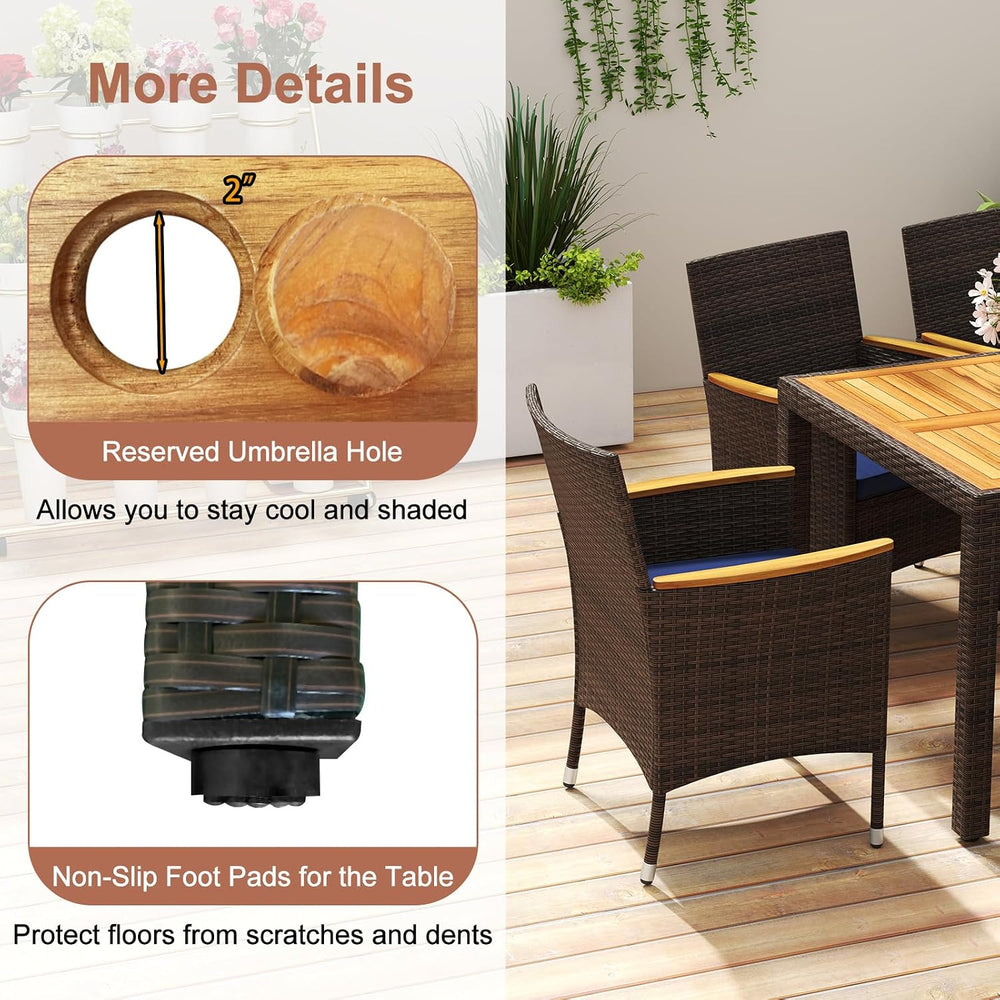 COSTWAY 9-Piece Patio Rattan Wicker Dining Set for 8 with Umbrella Hole