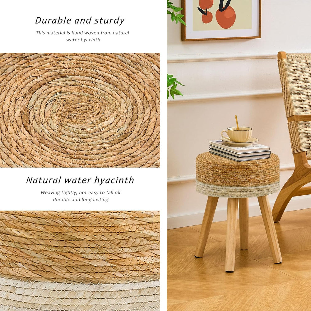 Handwoven Outdoor Ottoman, Water Hyacinth Pouf Round Patio Footstool with Woo...