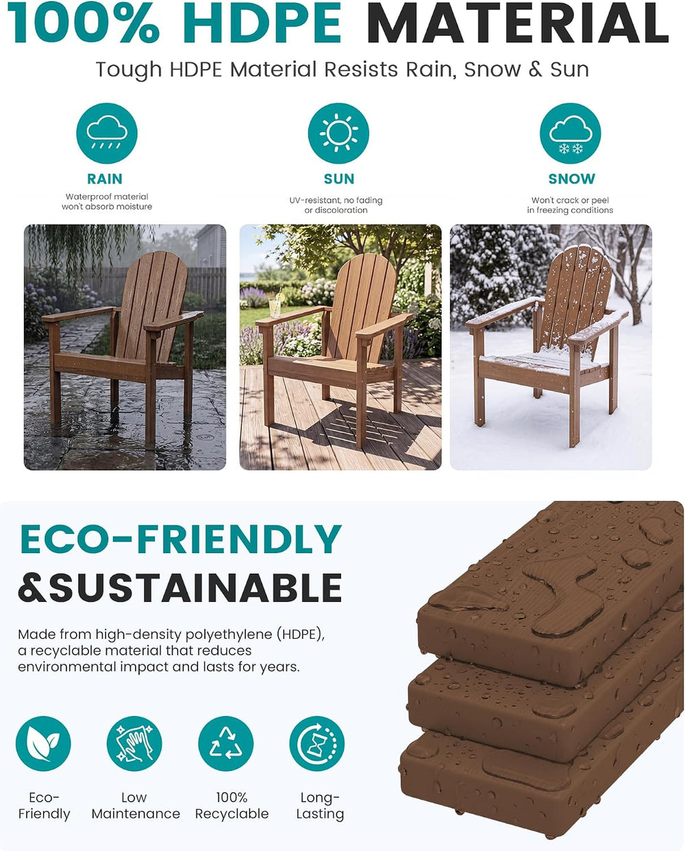 SERWALL HDPE Stackable Adirondack Chairs Set of 4,Space-Saving, Brown