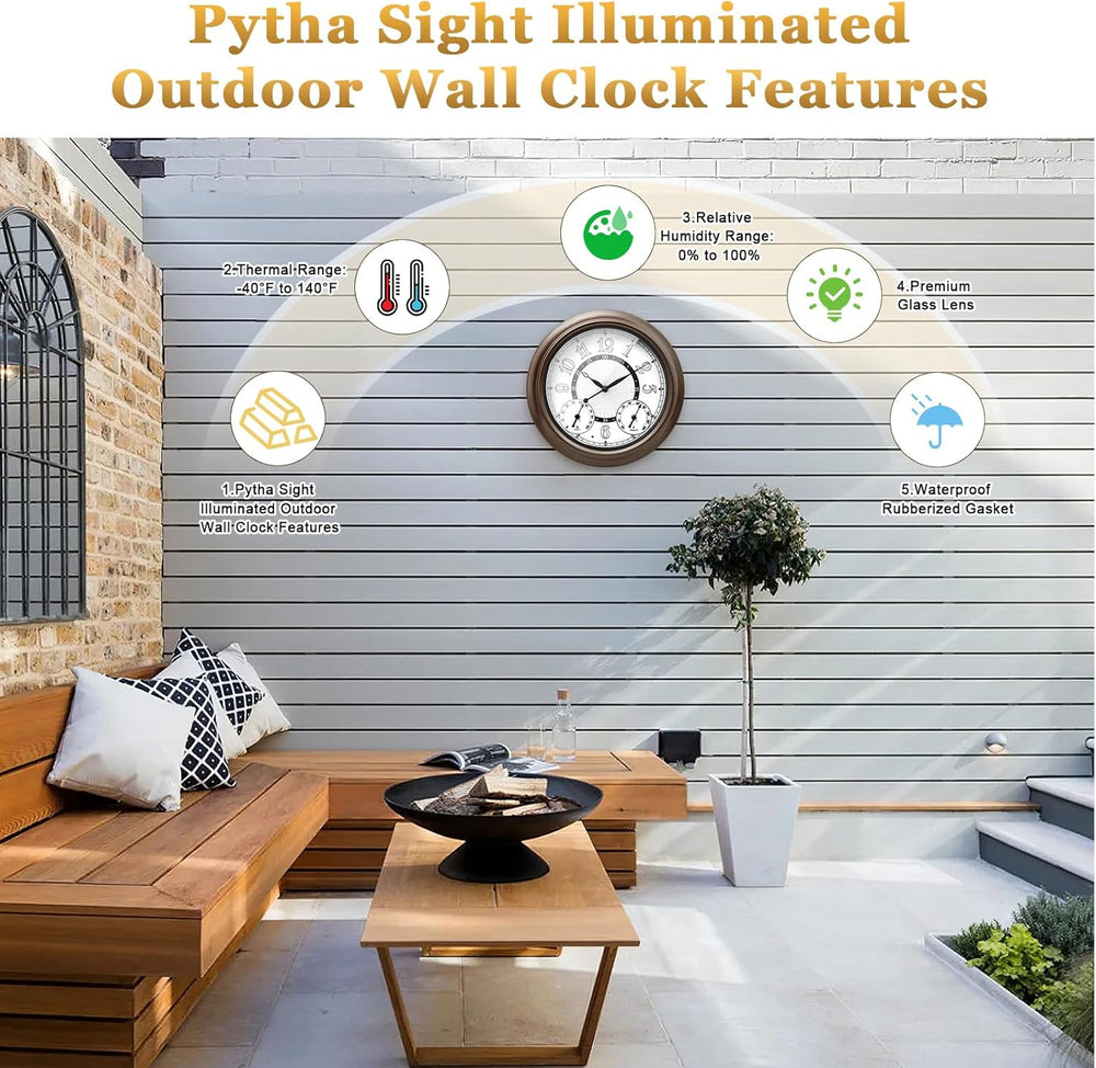 Pytha Sight 15 Inch Metal Illuminated Outdoor Clocks for Patio Waterproof