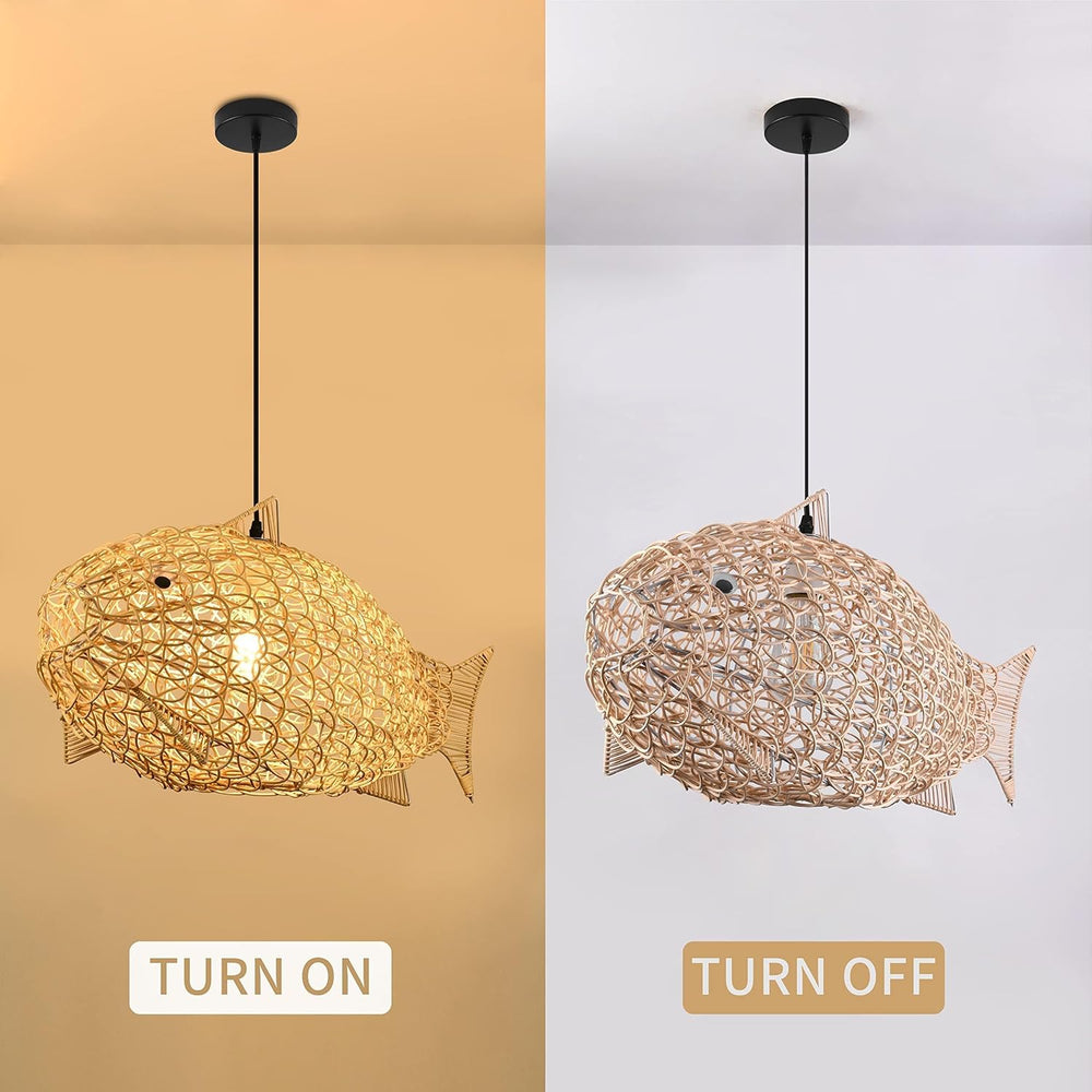 24 inch Fish-Shaped Rattan Woven Pendant Light Boho Chandelier Rustic Farmhou...