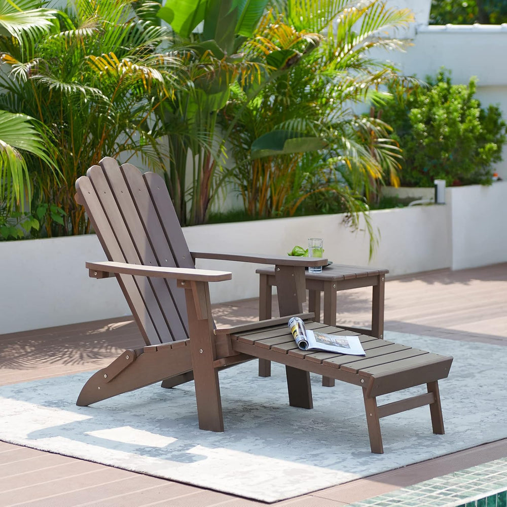 Folding Adirondack Chairs with Retractable Ottoman, Dark Brown