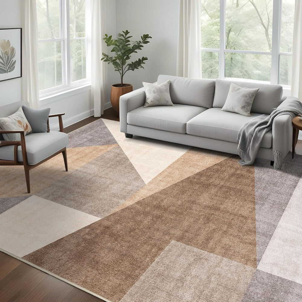 8x10 Washable Area Rug for Living Room - Non-Slip Geometric Rugs Tan Beige