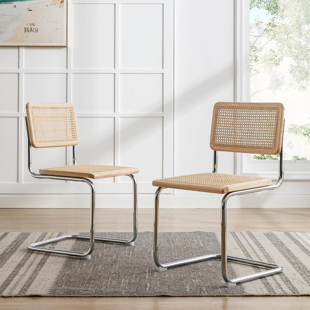 Rattan Cantilever Dining Chairs Set of 2, Boho Modern Dining Chairs with Ratt...