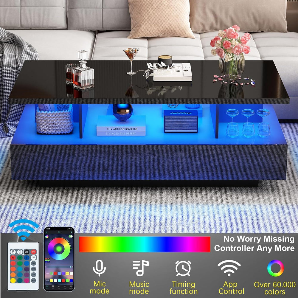 43in Large LED Coffee Table w/ 2 Big Storage Drawers,60,000-color Lights,App ...