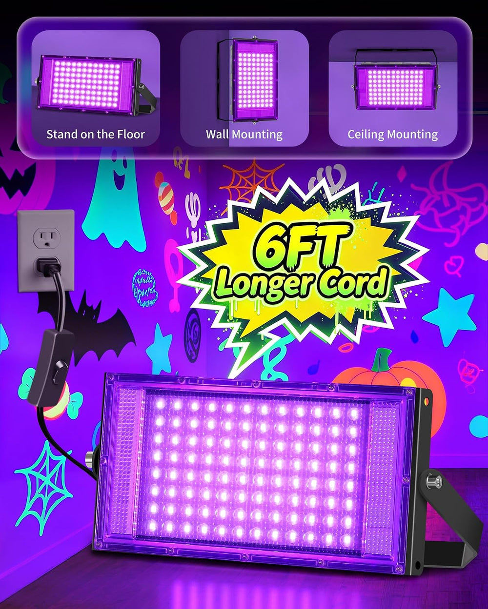 2 Pack 100W Black Light IP66, Powerful Blacklight for Halloween Glow Party