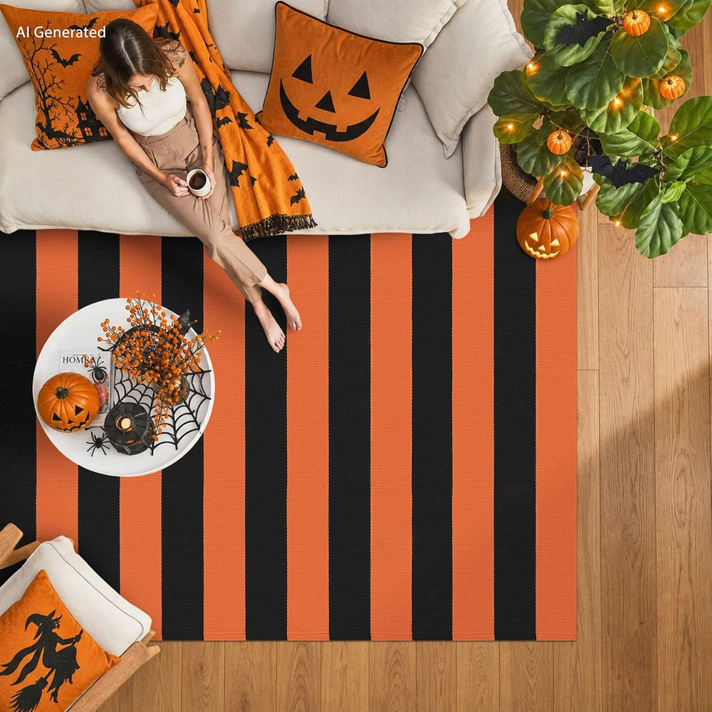 IOHOUZE Fall Striped Outdoor Rug 4x6, Washable Porch, Orange Black