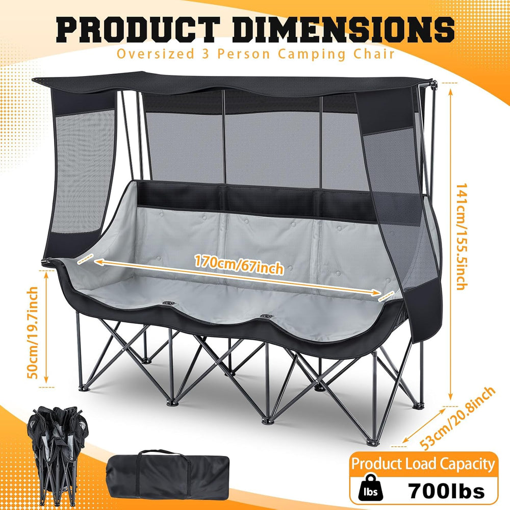 Teenyyou 3 Person Camping Chair with Canopy, 700lbs Heavy Duty, Black