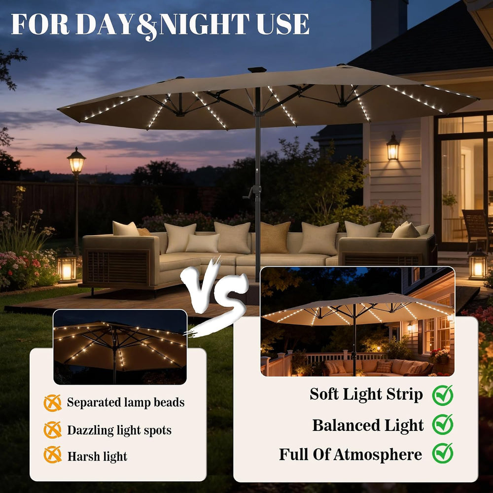 GDPFN 15ft Rectangular Patio Umbrella with Solar LED Lights, Double-Sided Out...