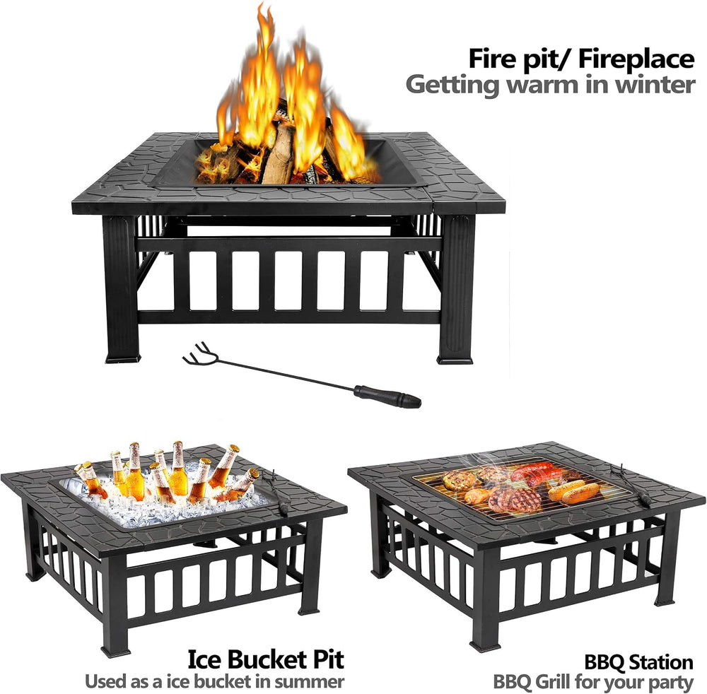 32 Inch Outdoor Fire Pit with Spark Screen Lid and Waterproof Cover, Square M...