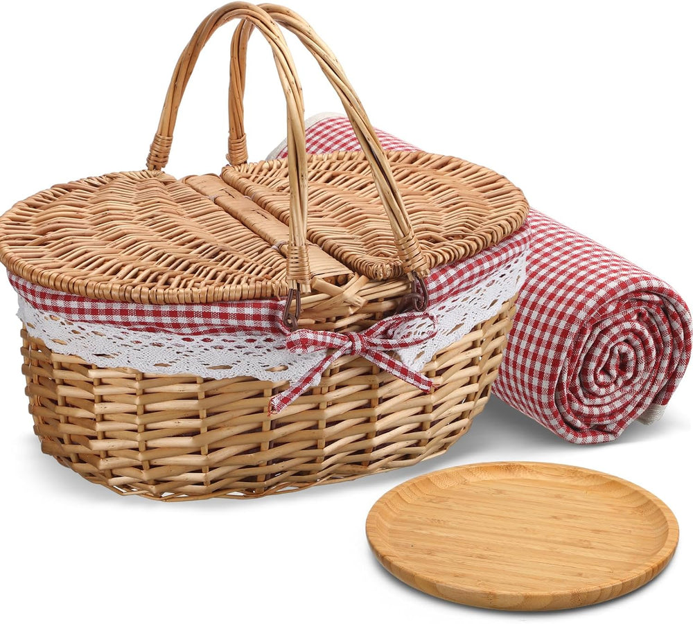 Picnic Basket with Blankets and Bamboo Plates Picnic Supplies Set Basket with...